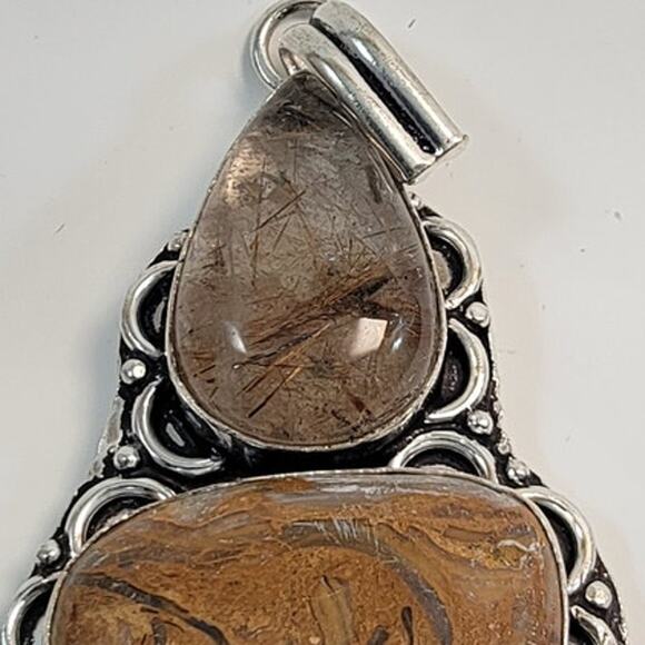 Necklace Pendants Picture Jasper and Rutilated Quartz Handmade Jewelry Silver - Picture 2 of 10